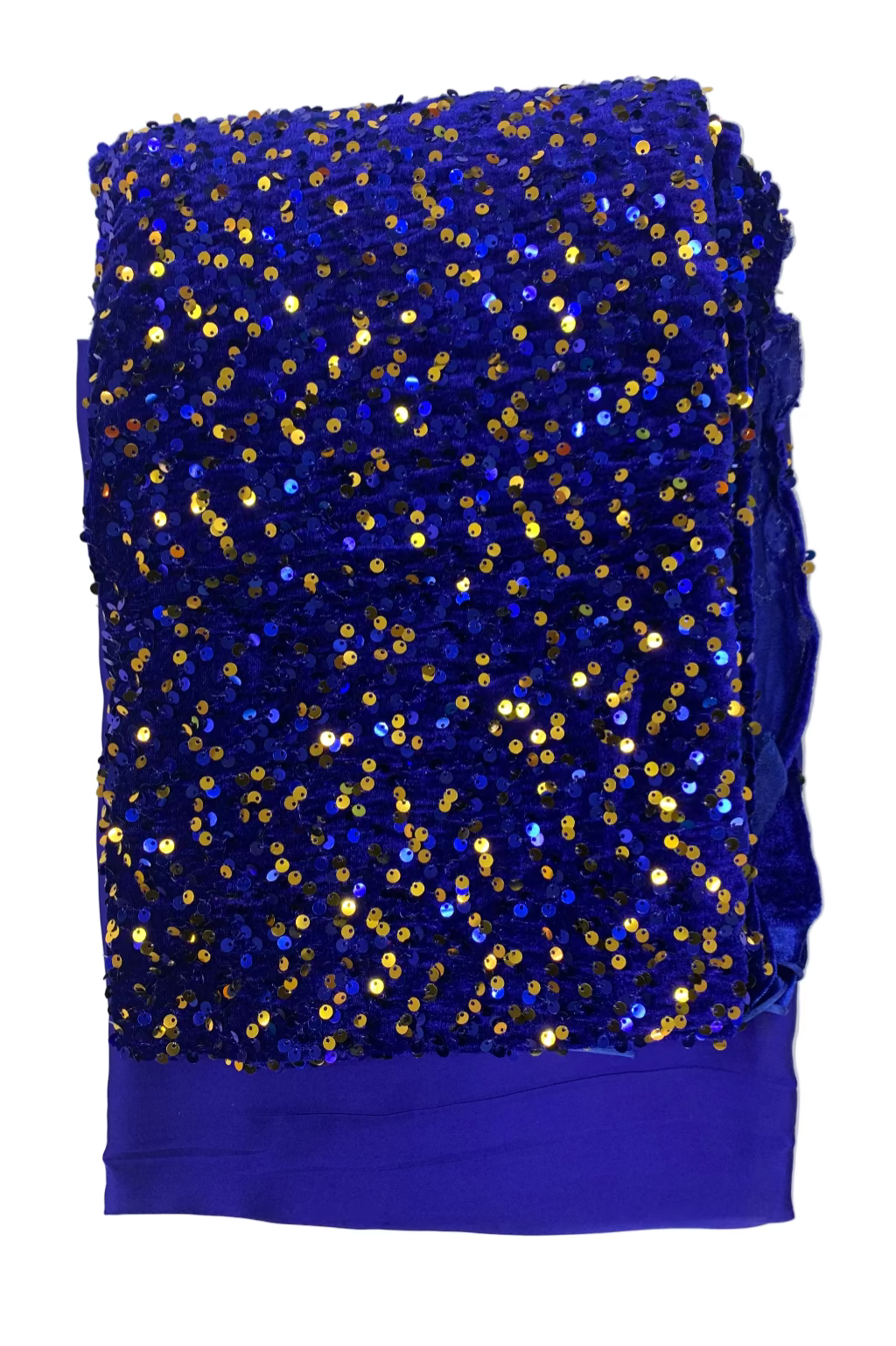 Blue fabric with gold sequins on a light gray background
