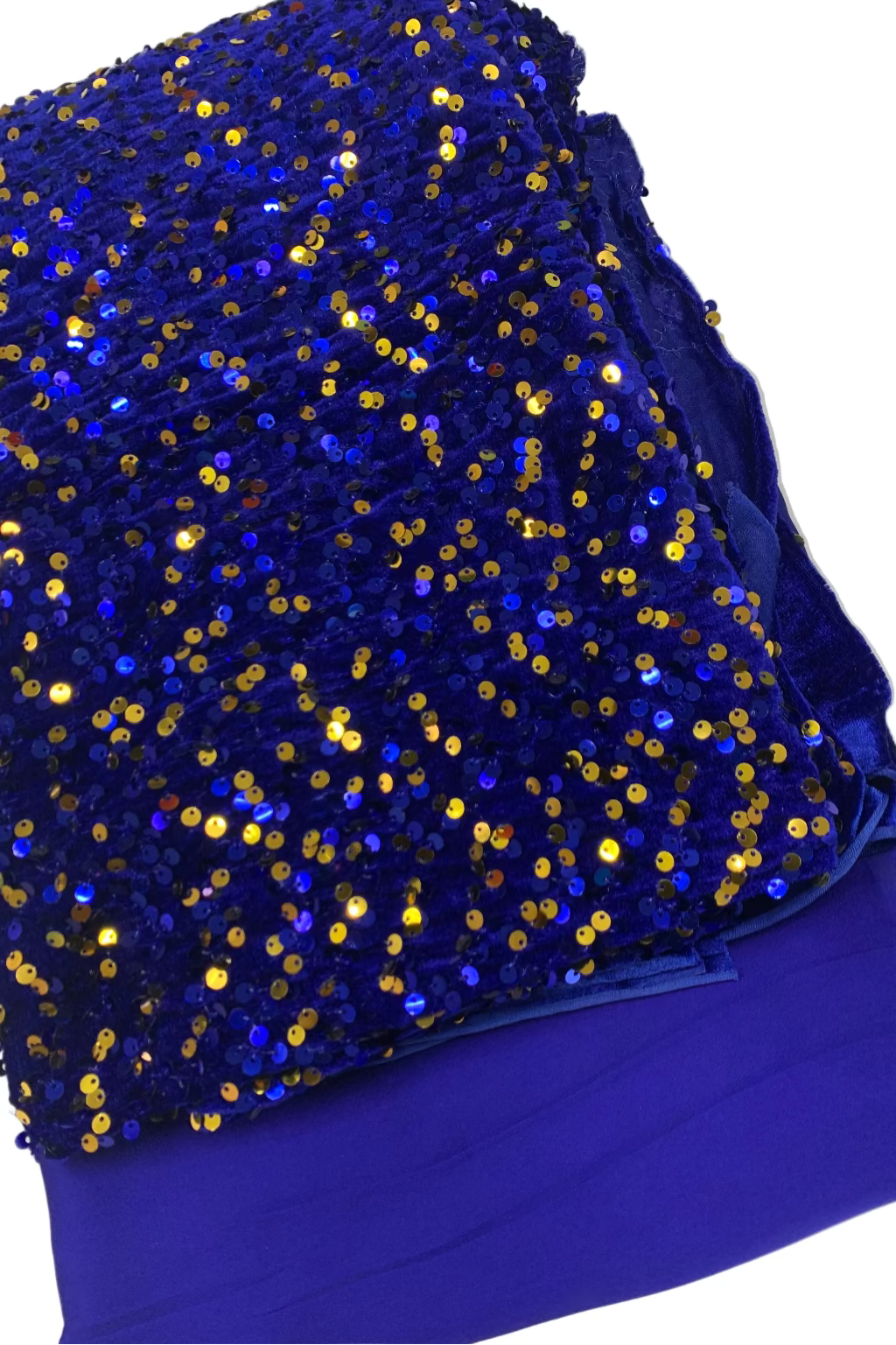 Blue fabric with gold sequins on a white background