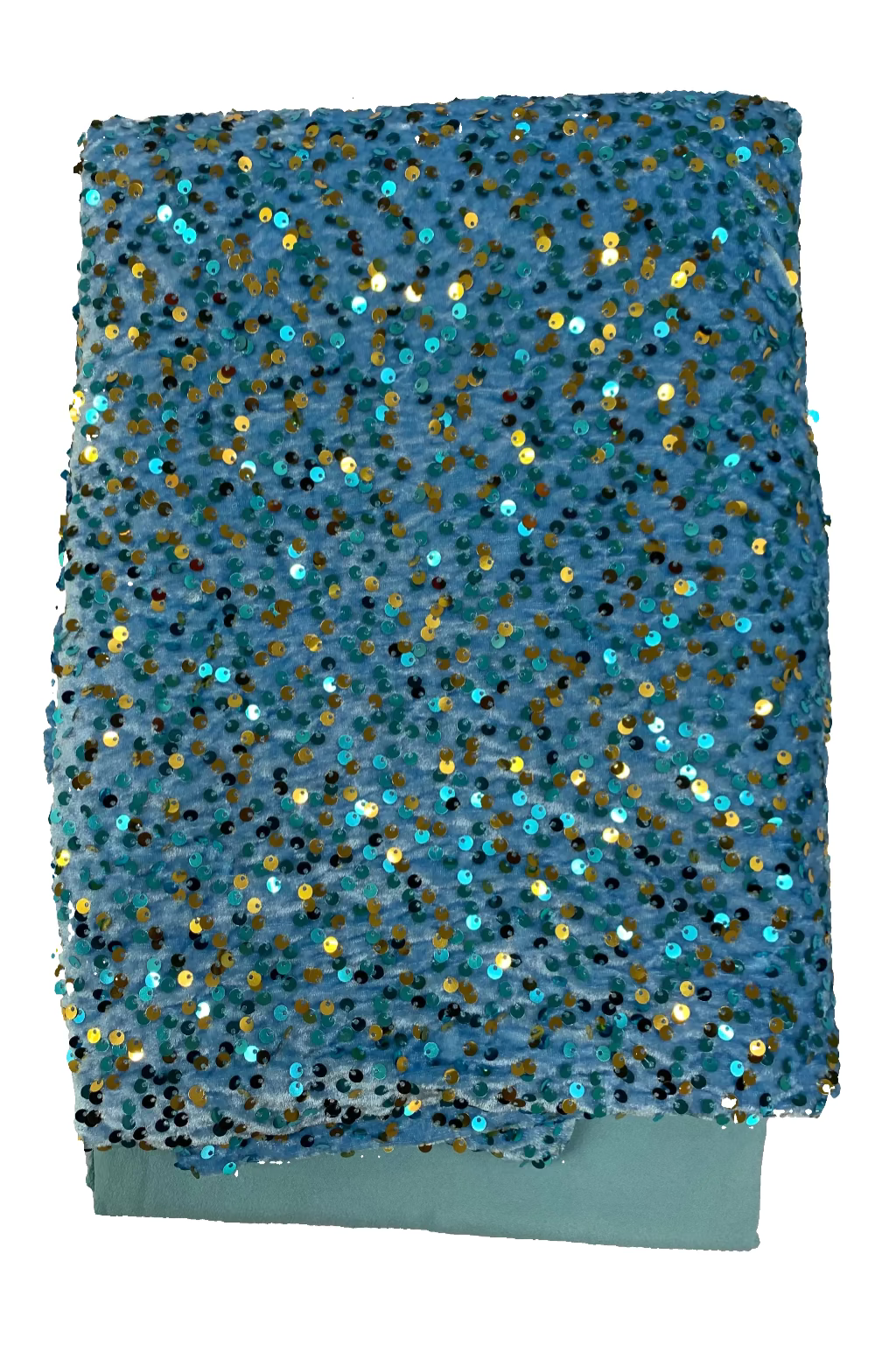 Blue fabric with gold and blue sequins on a white background