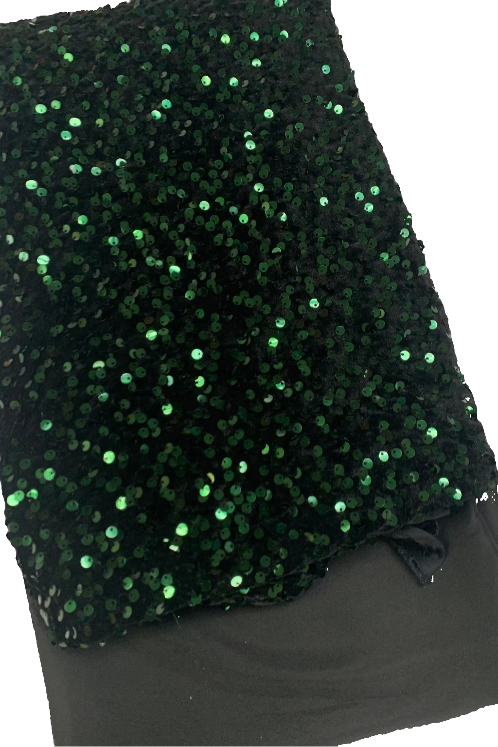 Black fabric with green sequins on a white background