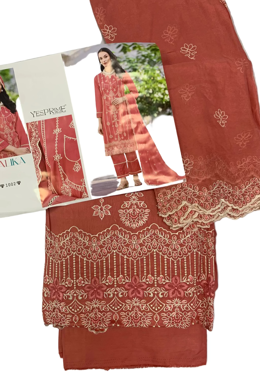Red embroidered fabric with a model wearing it and promotional material in the background.