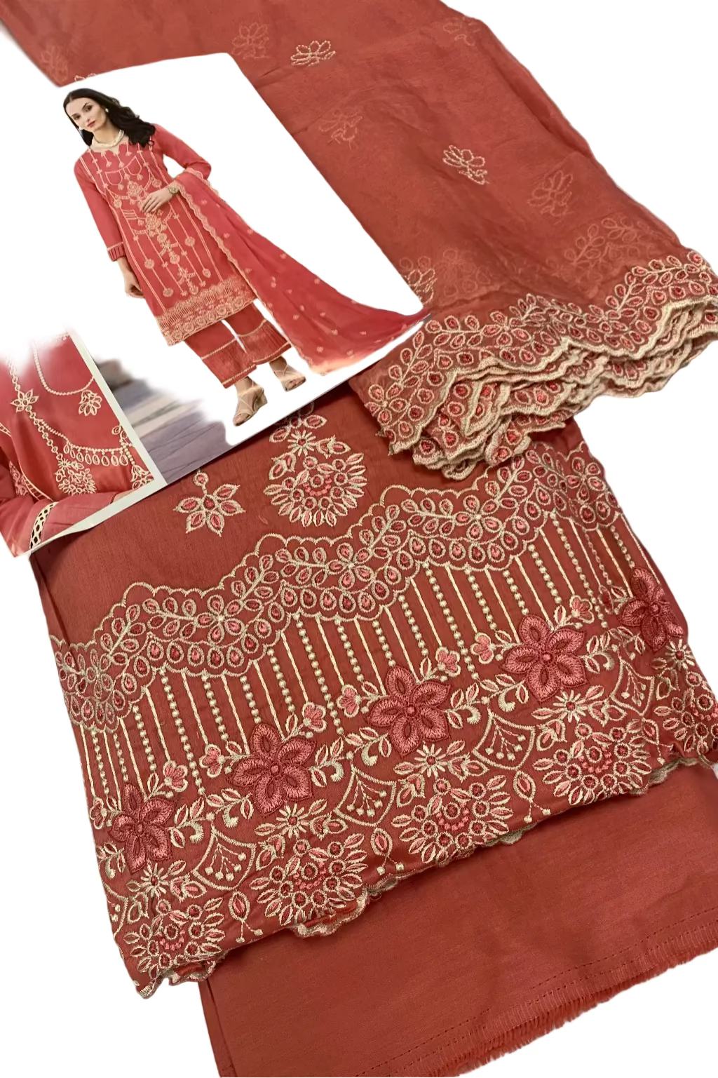 Red embroidered fabric with a person wearing a similar outfit on a magazine cover.