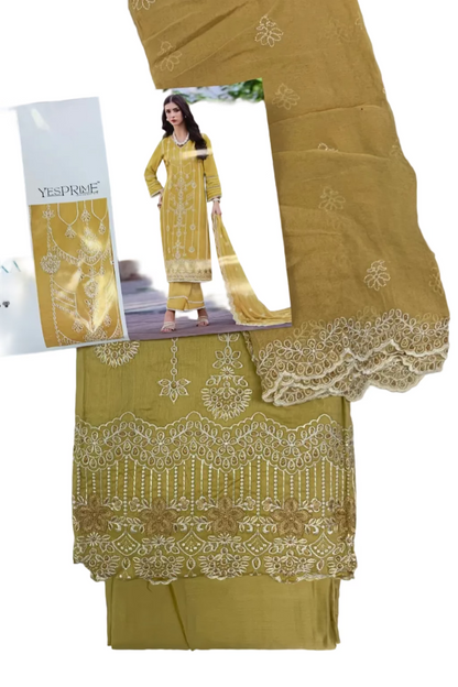 KALIKA Floral Embroidery Unstitched 3pc Fine Cotton Satin Suit