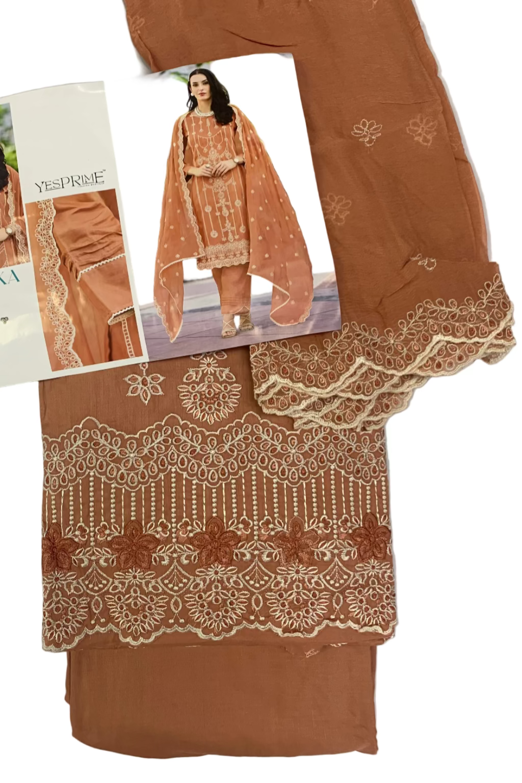 Orange embroidered fabric with a matching dress on a white background