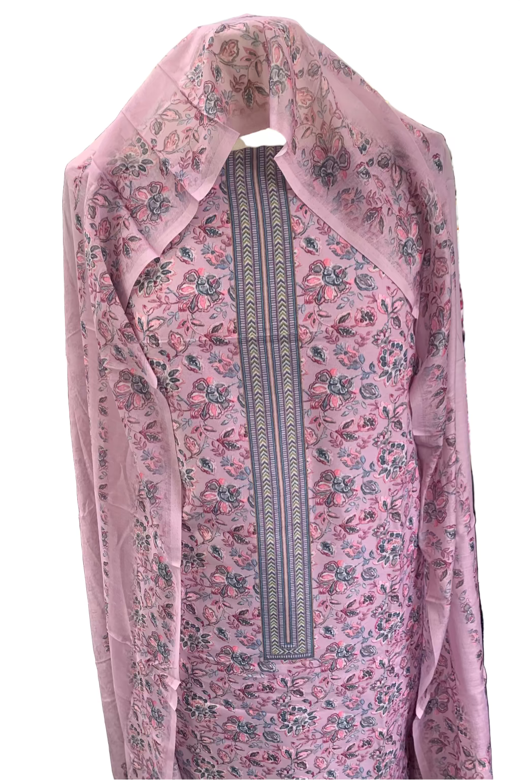 Pink floral dress with a patterned trim on a rack in a store setting