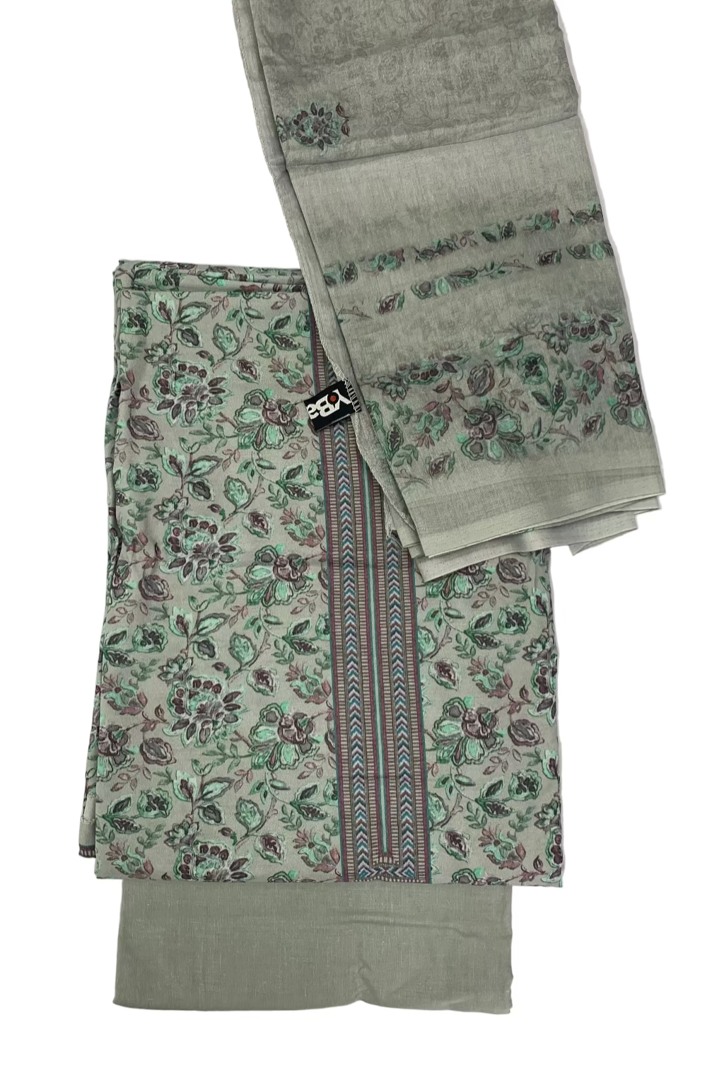 Green fabric with floral patterns and a plain section on a white background