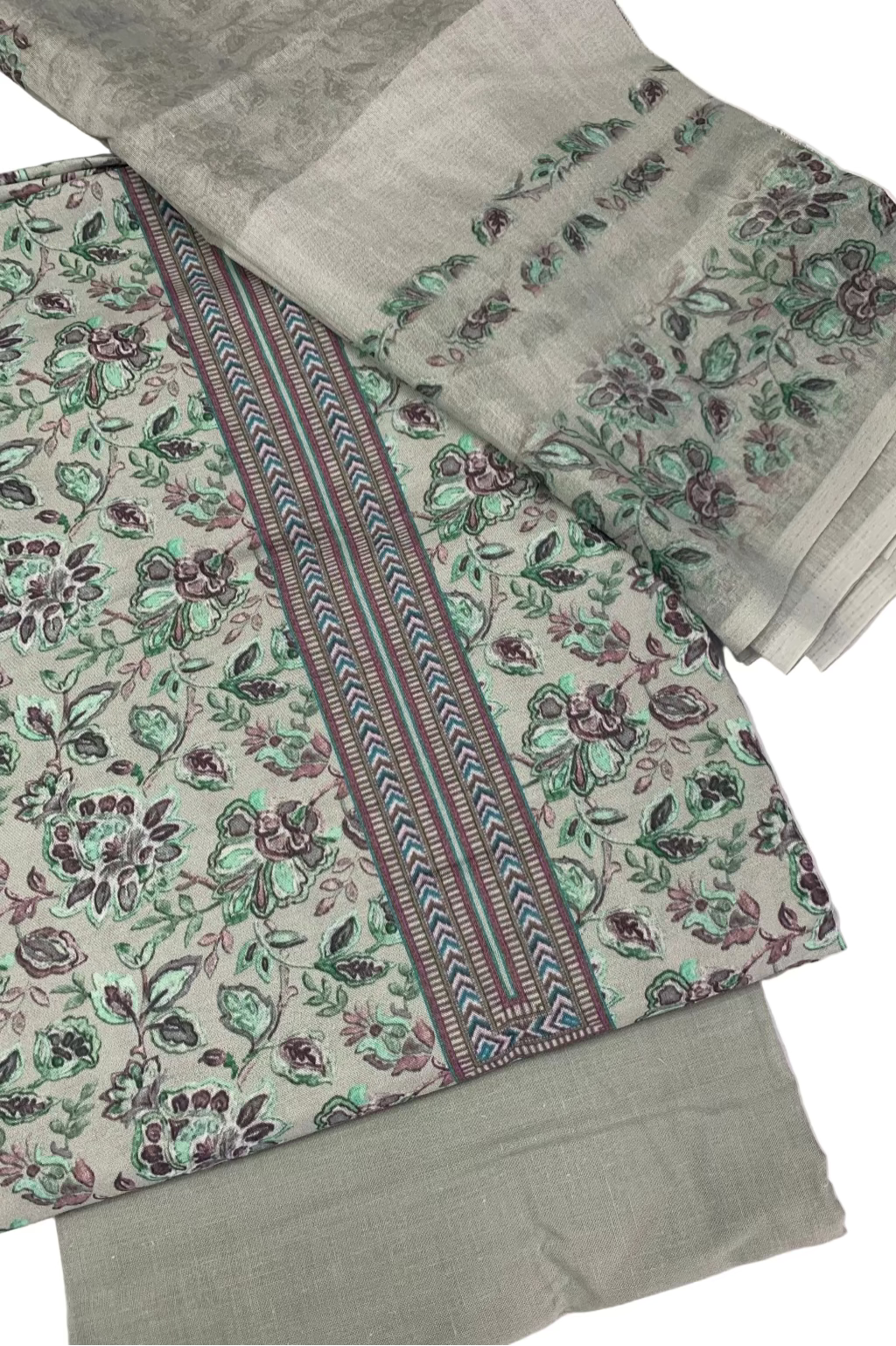 Fabric with floral and striped patterns on a white background