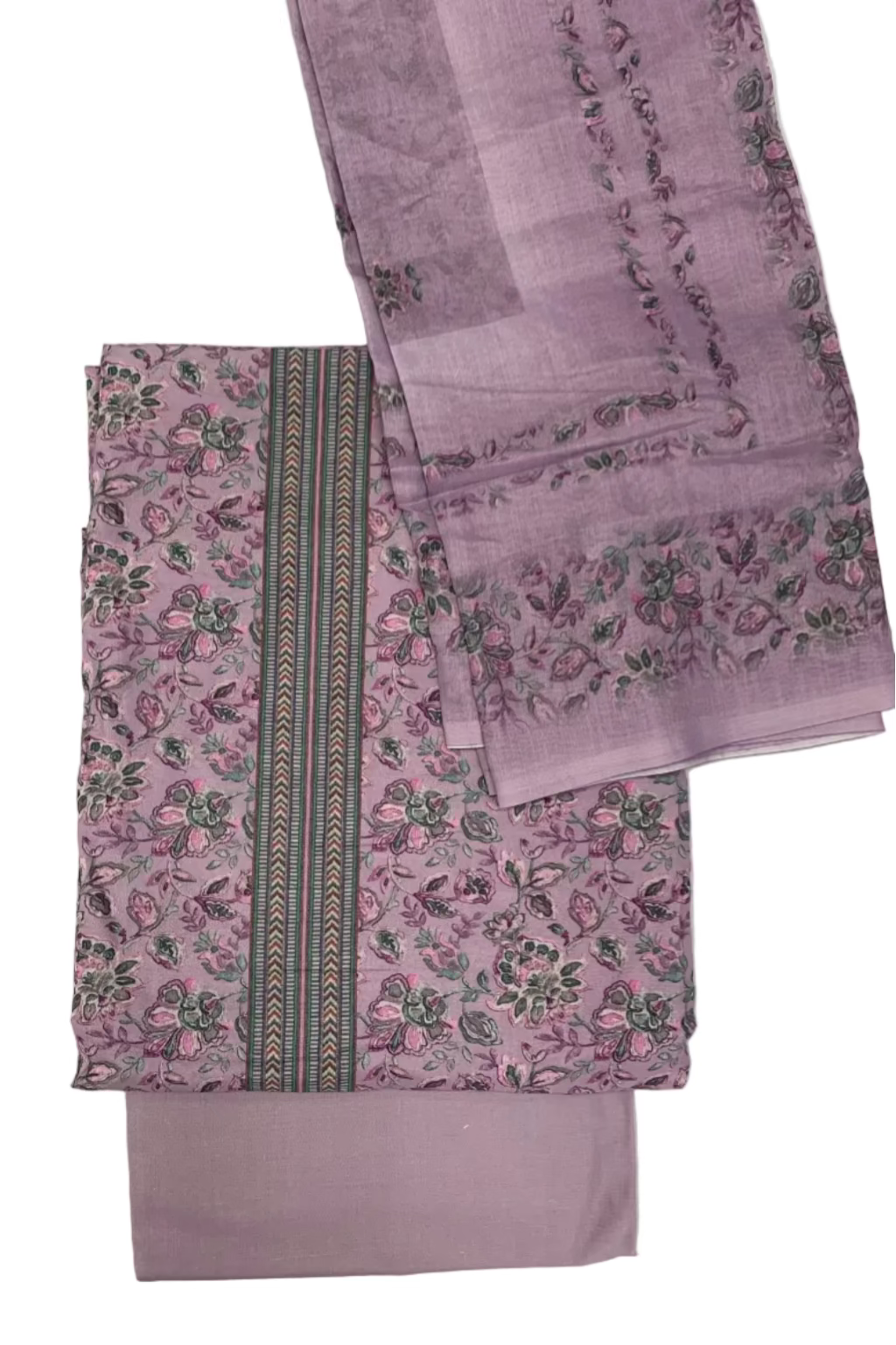 Purple fabric with floral and striped patterns on a white background