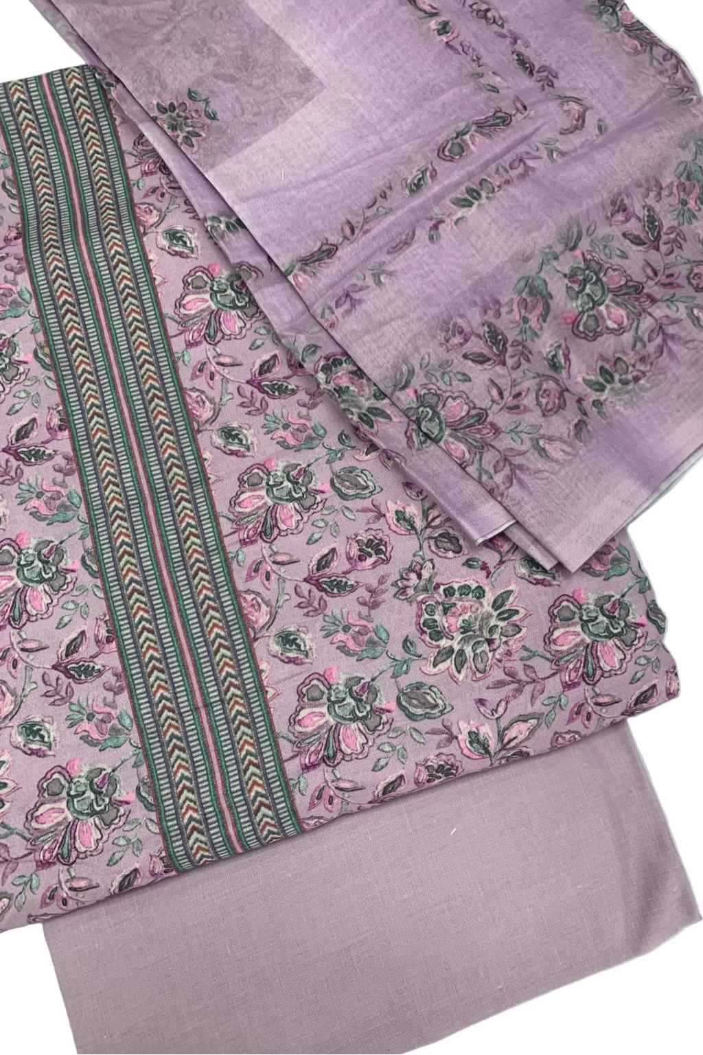 Purple fabric with floral patterns on a white background