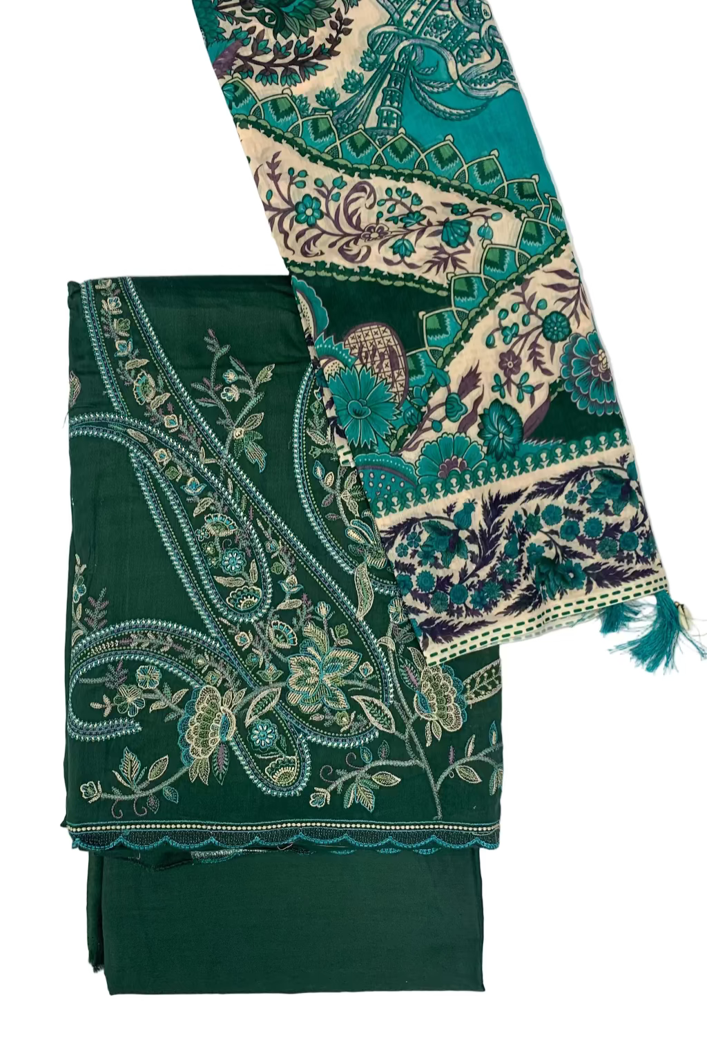 Green fabric with intricate paisley patterns on a white background
