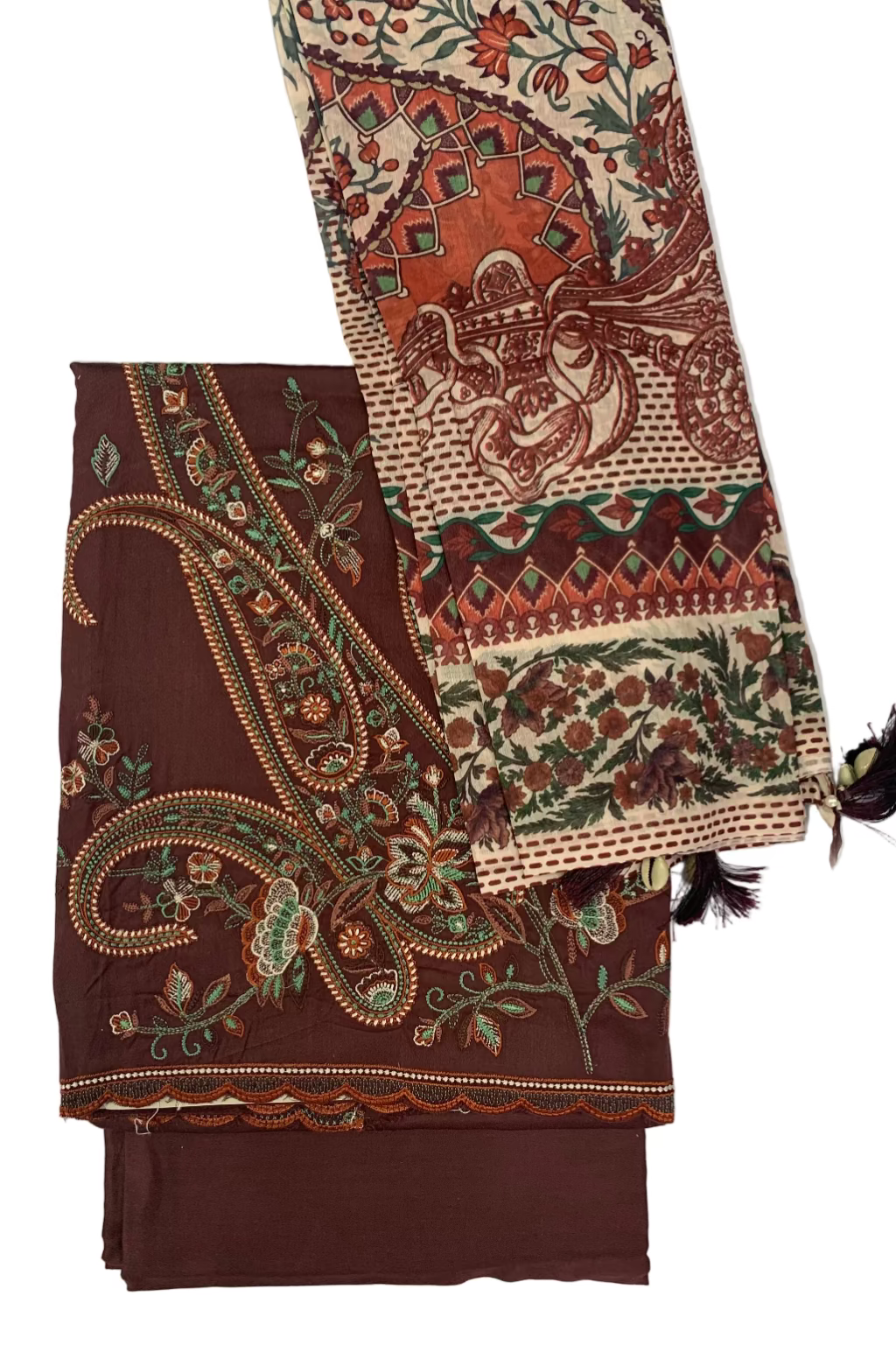 Two patterned scarves, one brown and one multicolored, on a white background.
