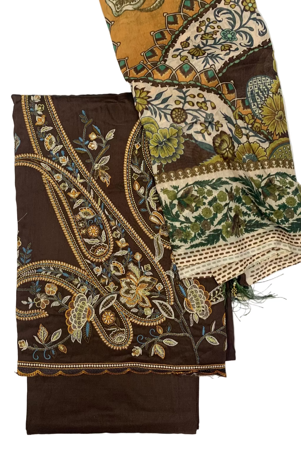 Embroidered fabric with floral patterns on a white background