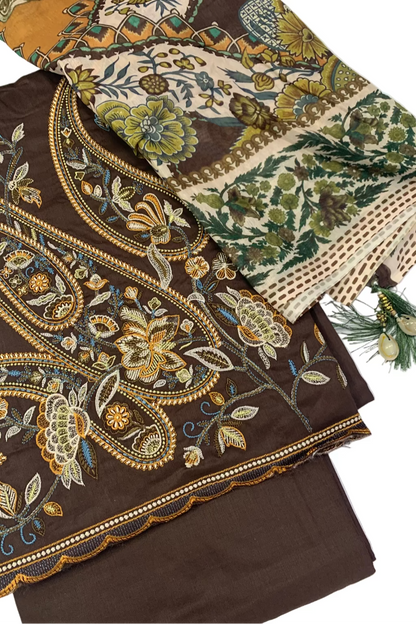Embroidered fabric with floral patterns on a white background