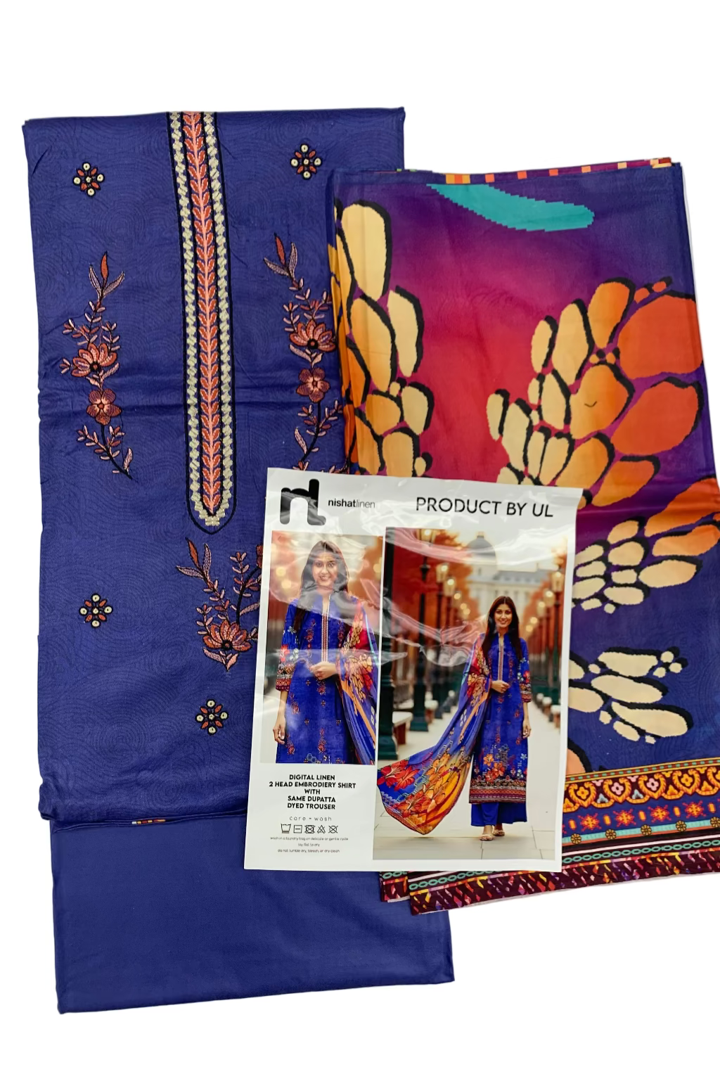 Two pieces of fabric with intricate designs and a product card featuring a model in a blue outfit.