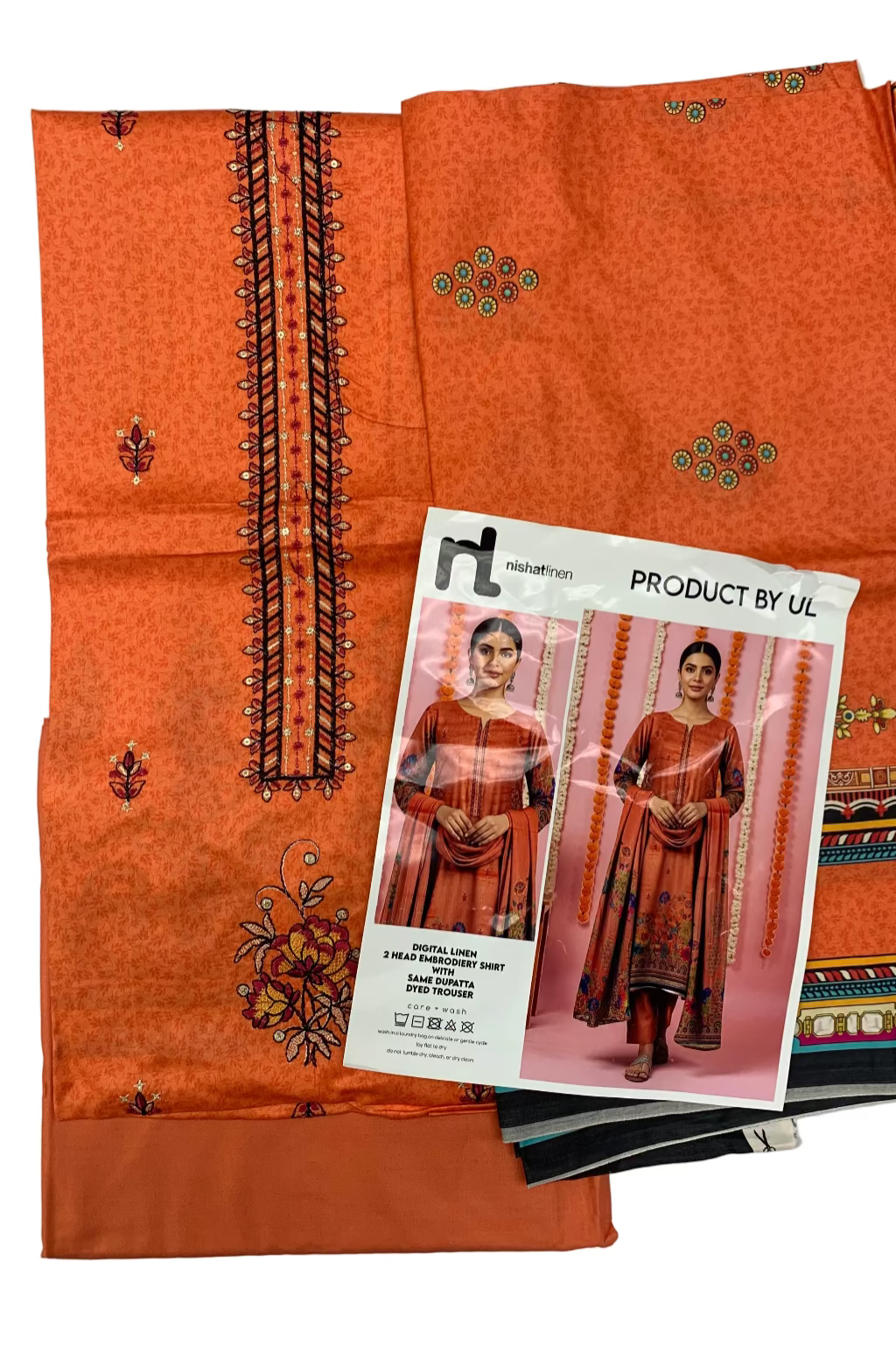 Orange fabric with embroidery and a product card on a white background