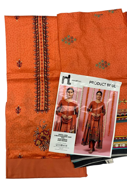 Orange fabric with embroidery and a product card on a white background