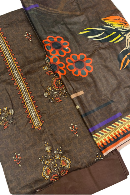 Brown fabric with colorful embroidery on a white background