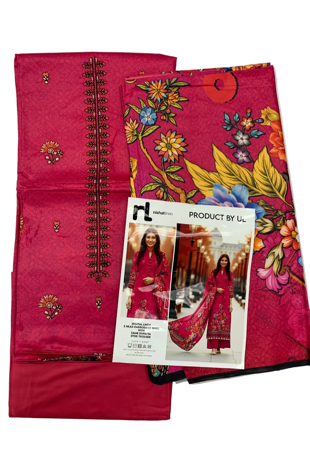 Pink embroidered fabric with a floral pattern and a product card on a white background