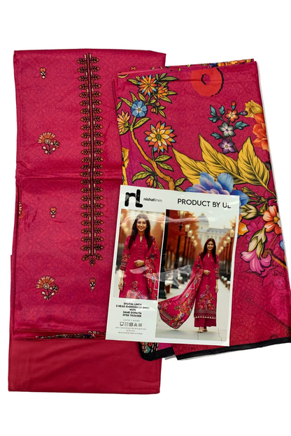 Pink embroidered fabric with a floral pattern and a product card on a white background