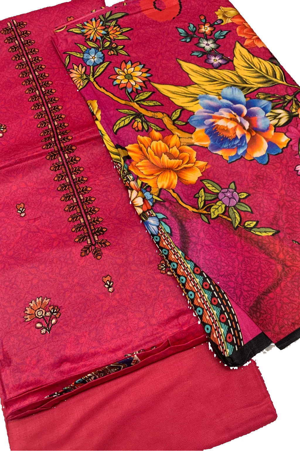 Pink fabric with floral embroidery on a white background