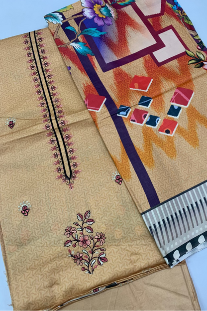 Beige fabric with floral embroidery and a colorful patterned fabric on a light blue background