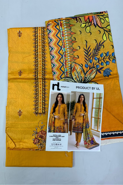 Yellow fabric with intricate patterns and a product image on a gray background