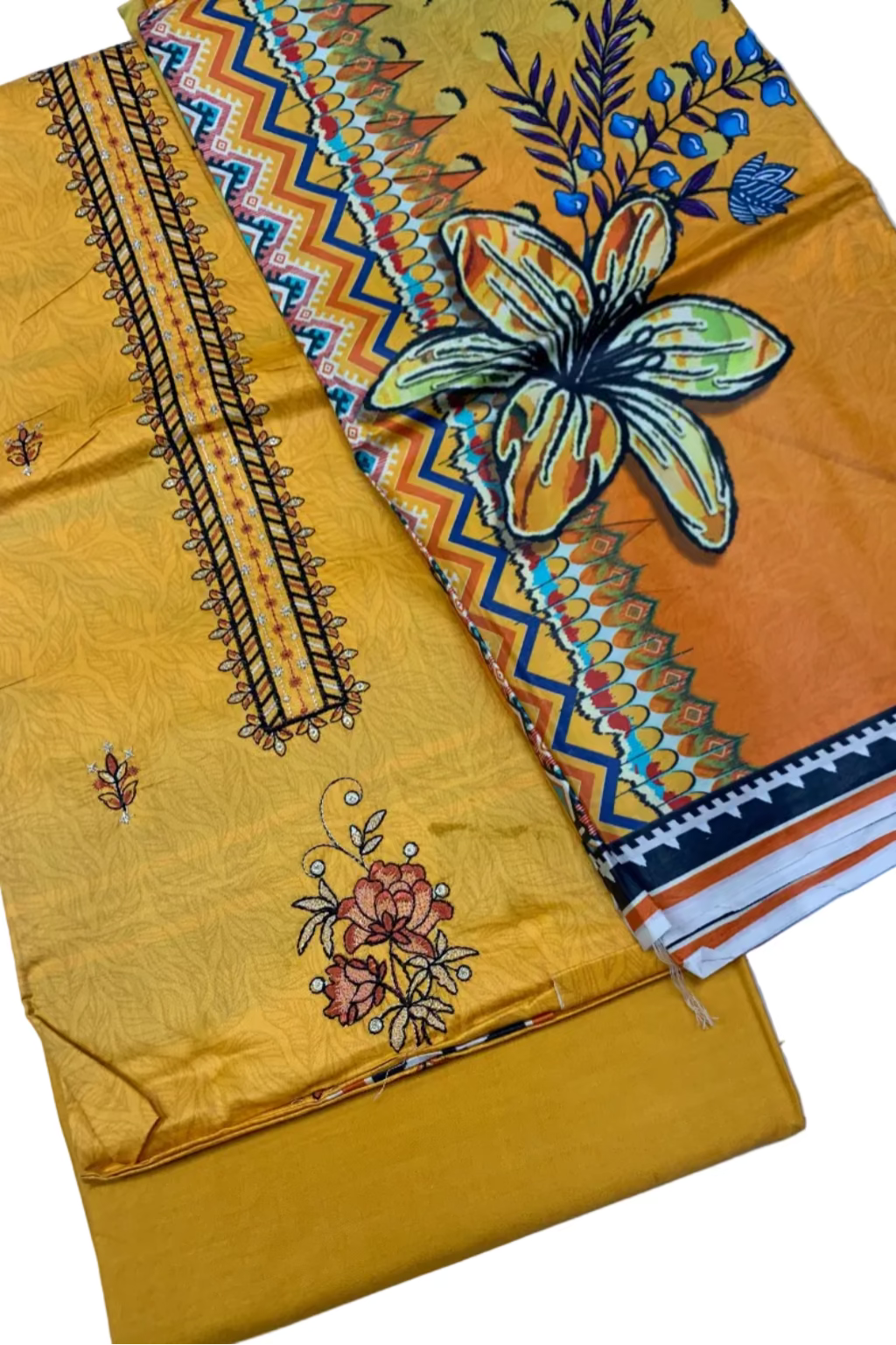 Two pieces of fabric with intricate designs on a light blue background