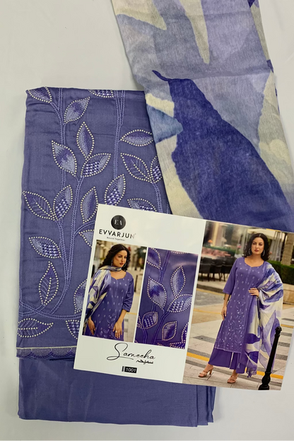 Purple fabric with leaf patterns and a model wearing the fabric on a white background
