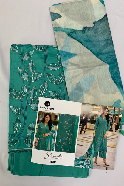 Teal fabric with leaf patterns and a product card on a white background