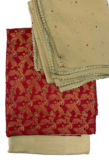 Two pieces of fabric, one red with gold patterns and the other beige with intricate designs, on a white background.