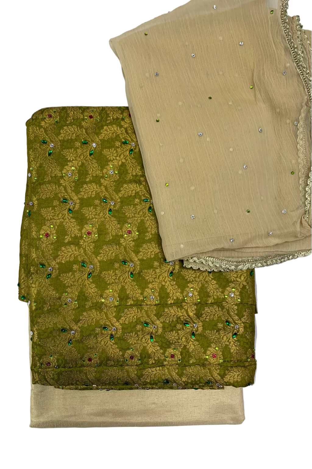 Two pieces of fabric, one green and one beige, with intricate patterns on a white background.