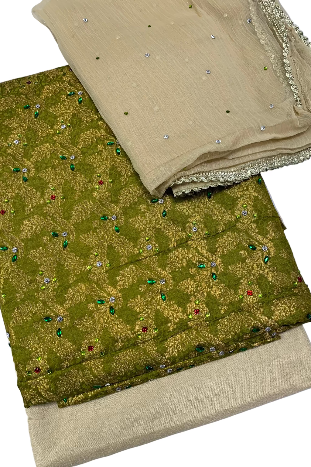 Two fabric swatches, one green with gold patterns and the other beige with embellishments, on a white background.