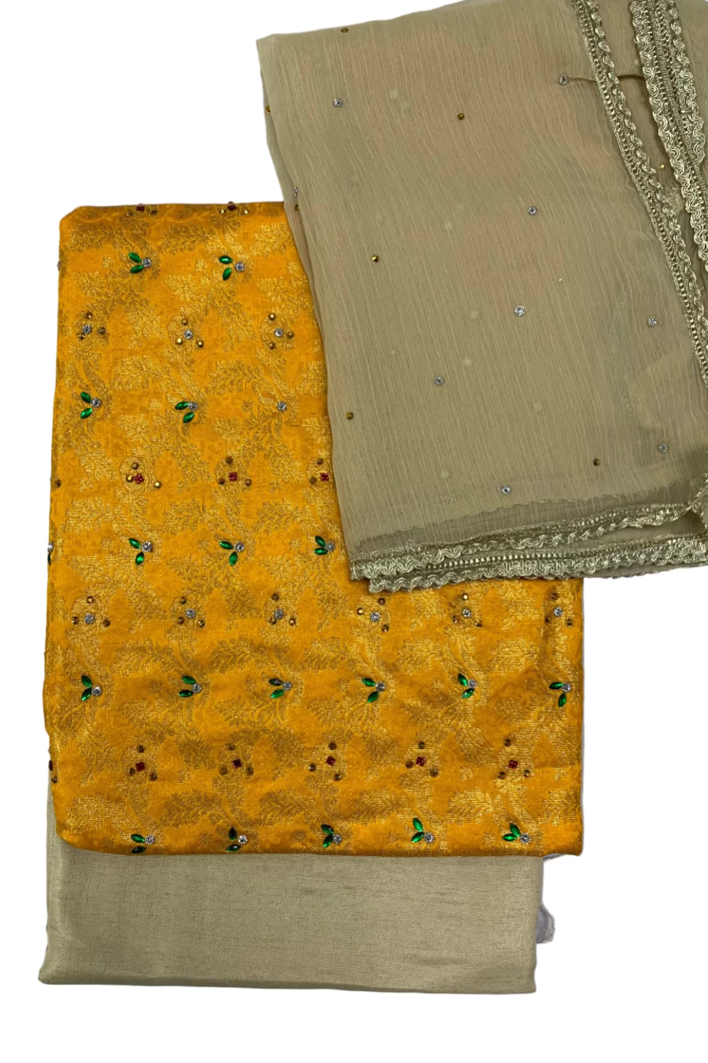 Two fabric samples, one yellow with patterns and one beige with embroidery, on a white background.