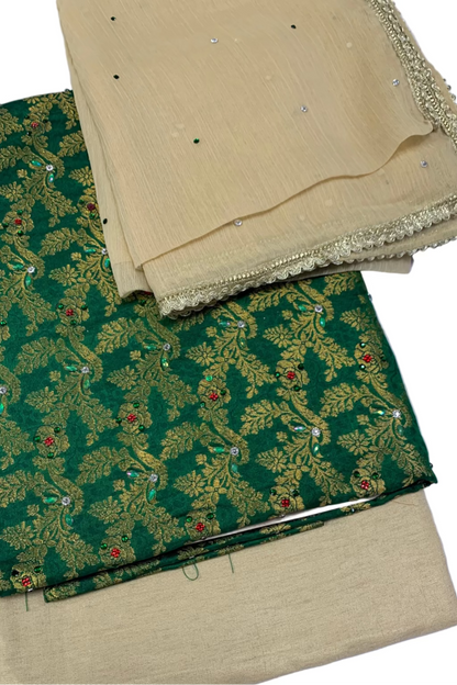 D176 Ladies Banarsi Floral Jacquard 3pc Unstitched Suit