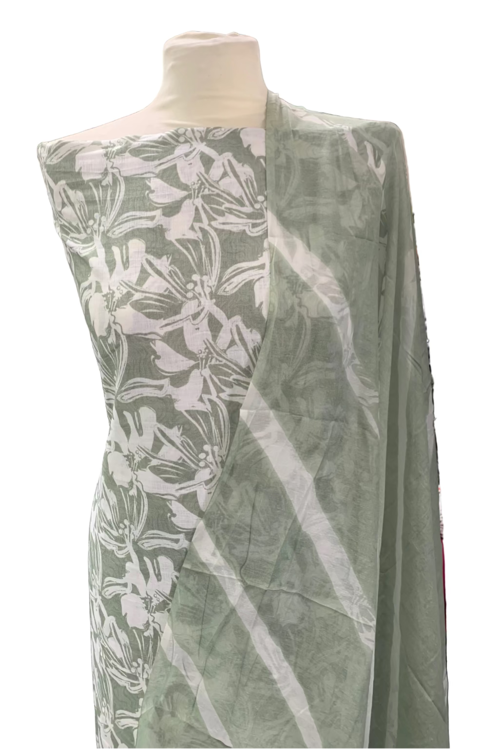Green fabric with white floral pattern on a mannequin