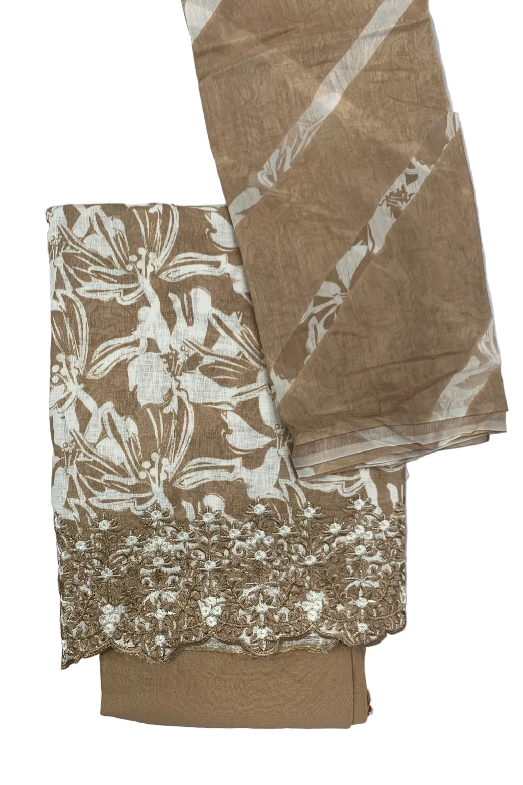 Two brown fabric pieces with white floral patterns on a white background