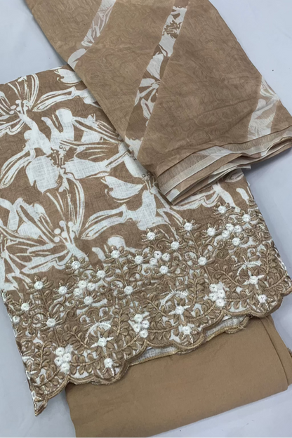 Brown fabric with white floral patterns on a white background