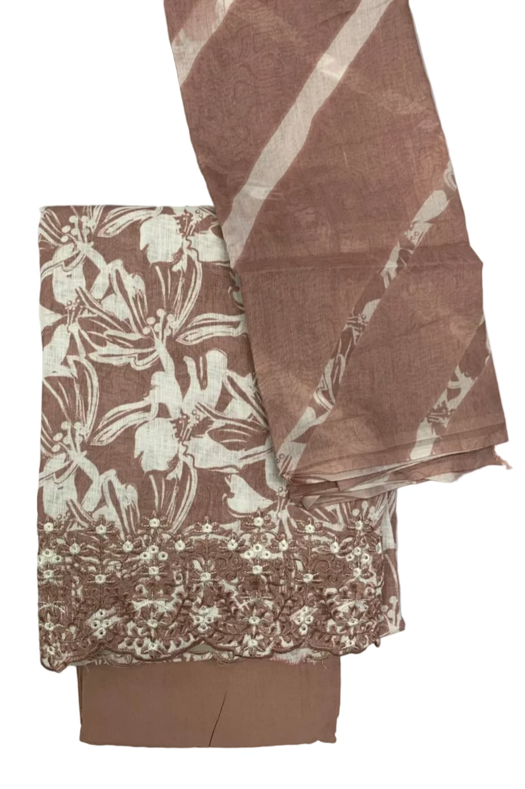 Pink fabric with white floral pattern on a white background