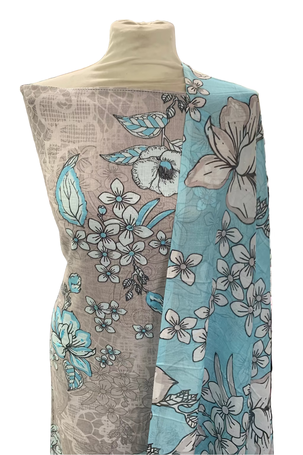 Floral-patterned fabric on a mannequin in a store setting