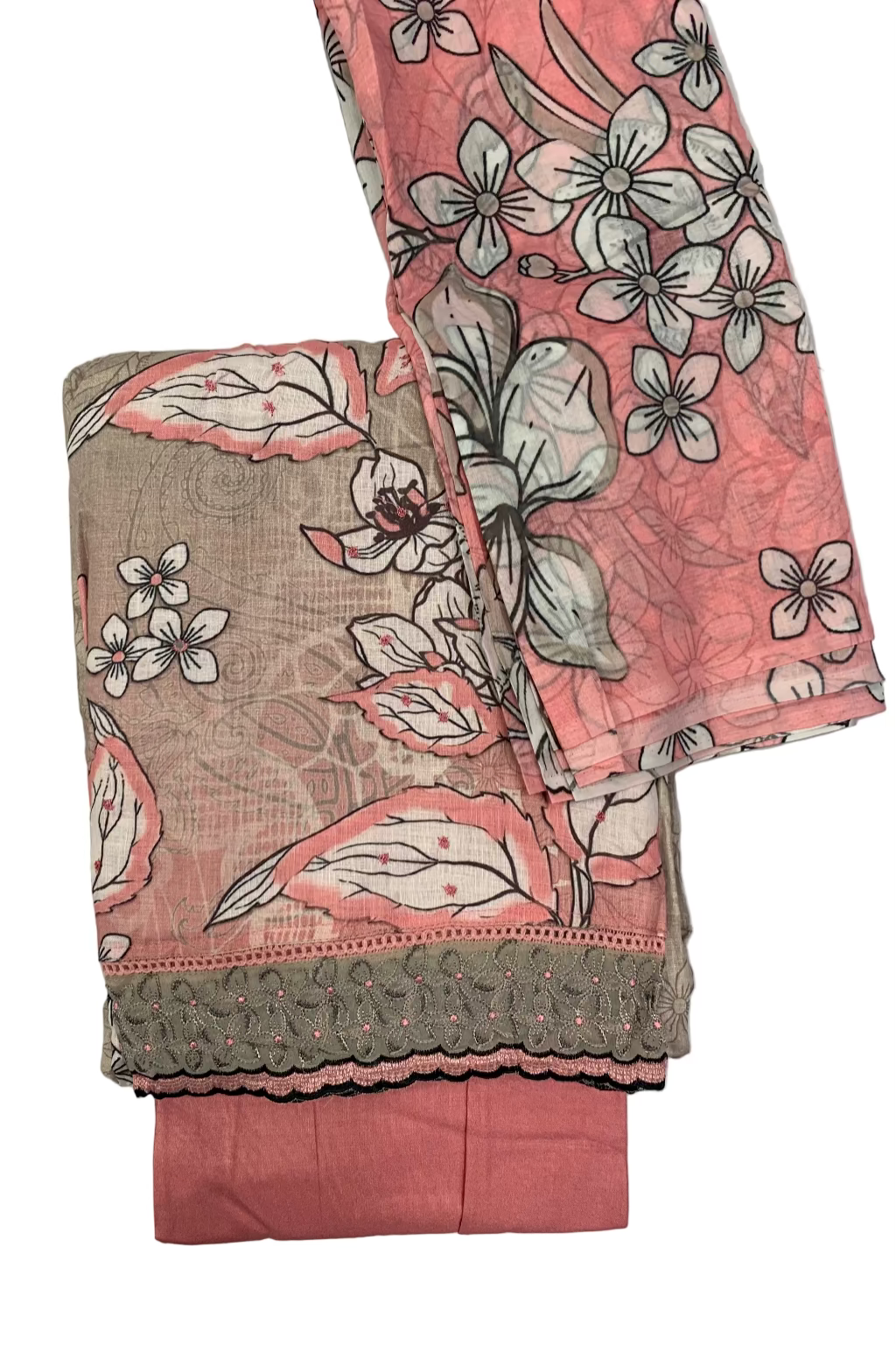 Floral patterned fabric with pink and gray colors on a white background