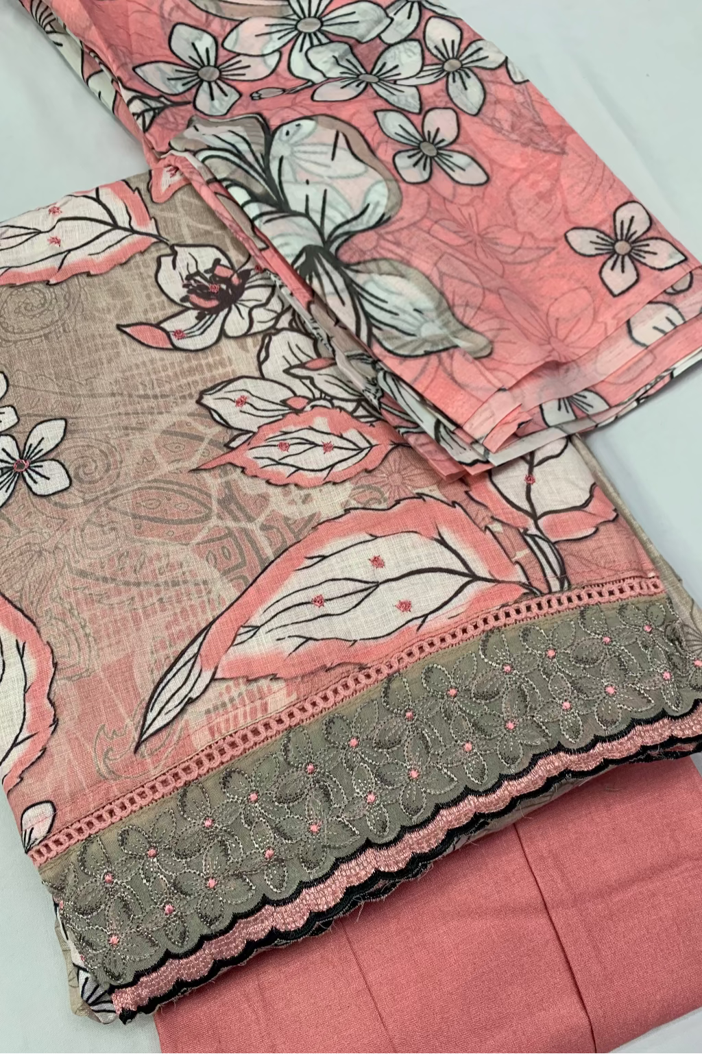 Floral patterned fabric with pink and gray colors on a white background