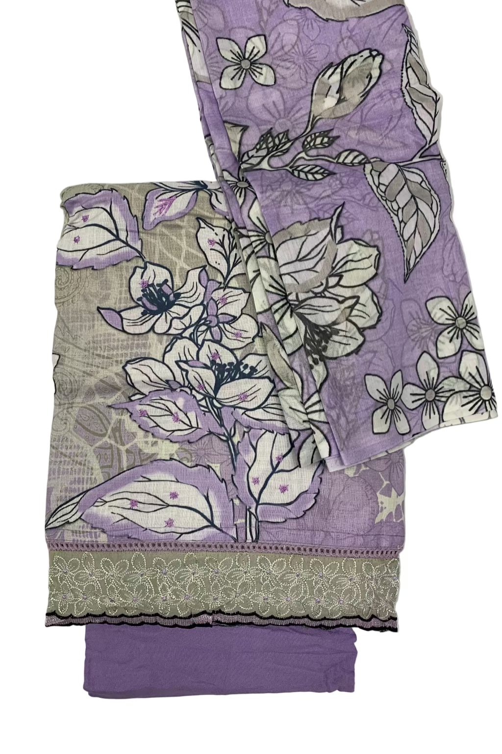 Purple fabric with floral pattern on a white background