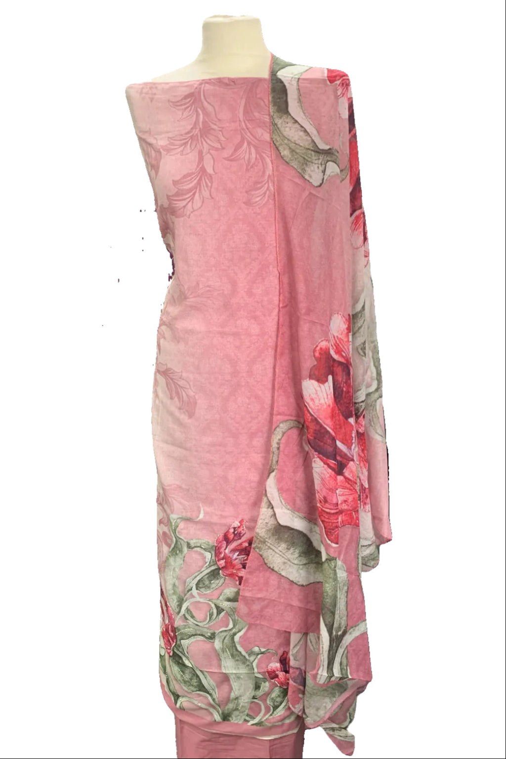 Mannequin wearing a pink floral dress in a fabric store