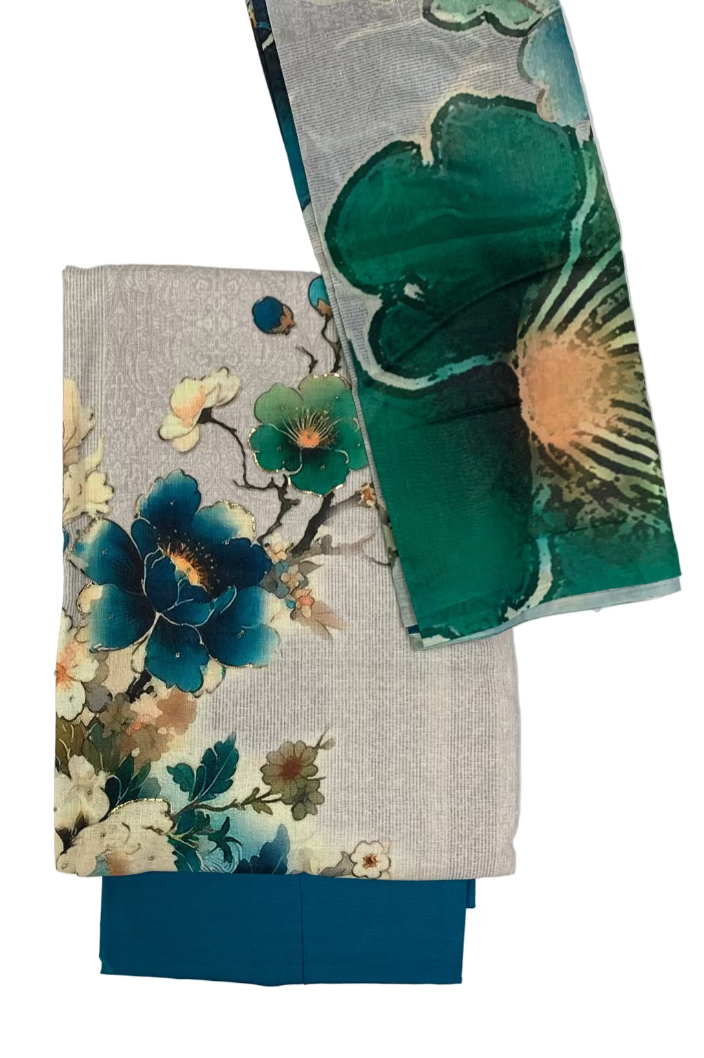 Floral-patterned fabric with green and blue tones on a white background