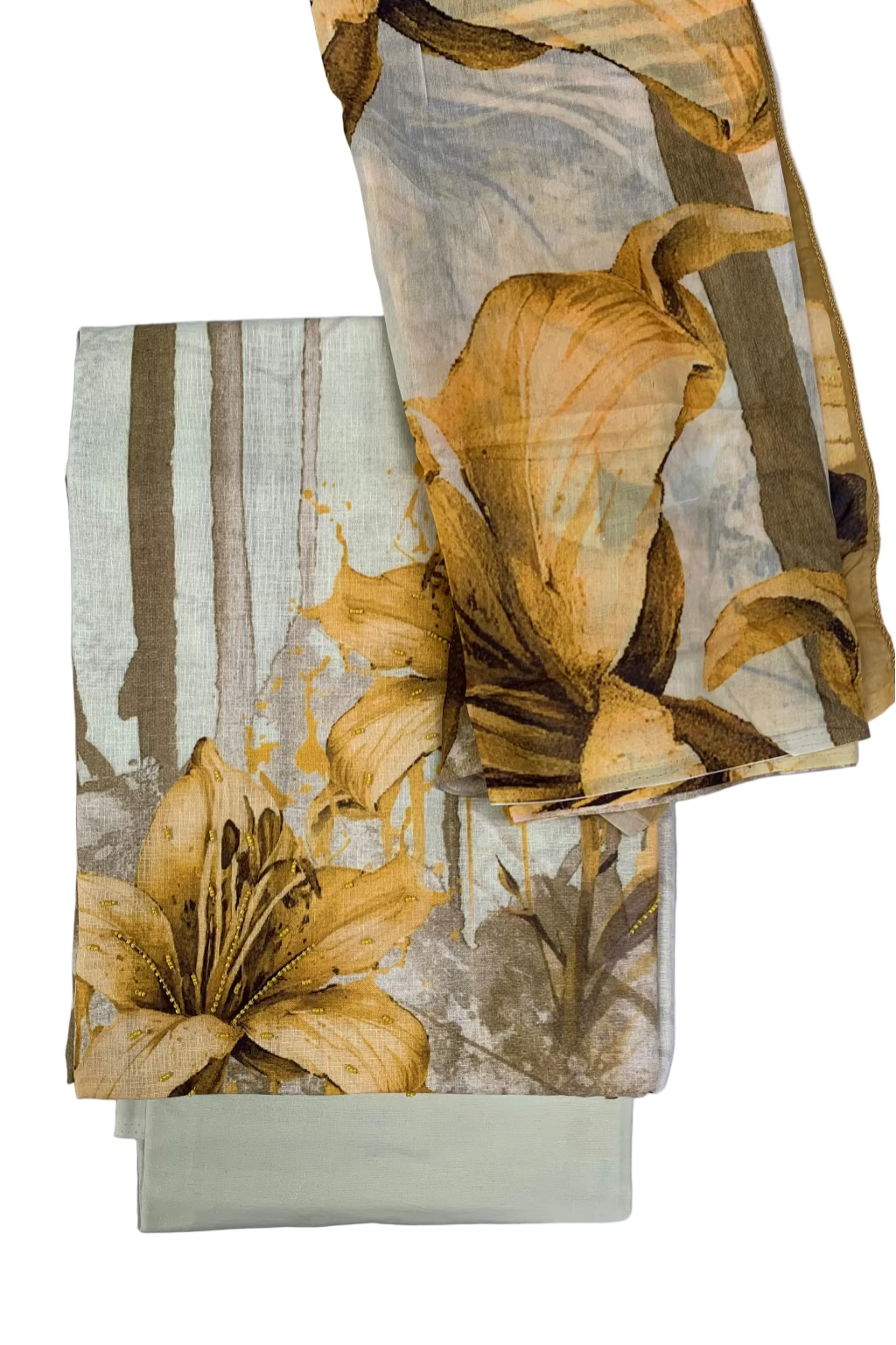 Fabric swatches with floral pattern on a light gray background