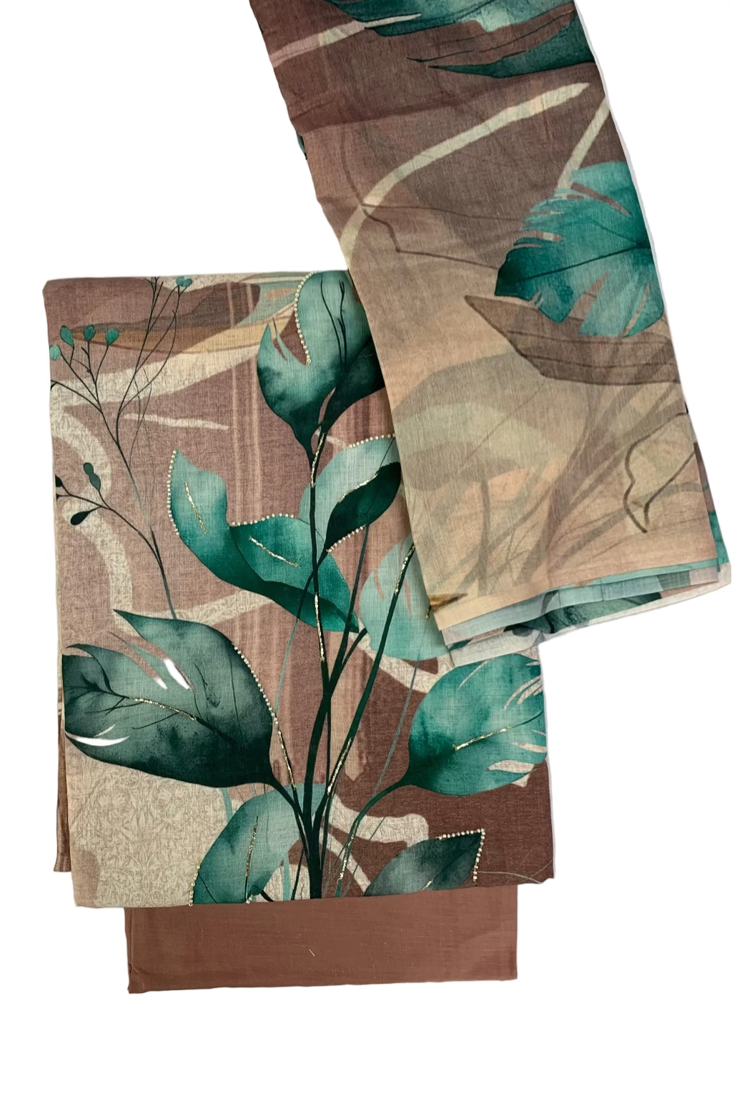 Two folded fabric swatches with leaf pattern on a white background