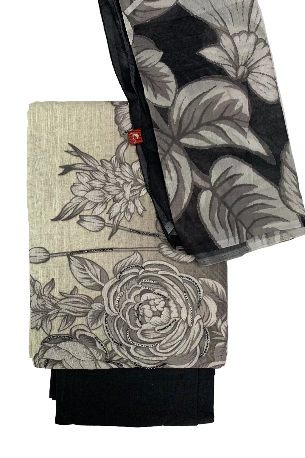 Floral-patterned fabric with a black border on a white background
