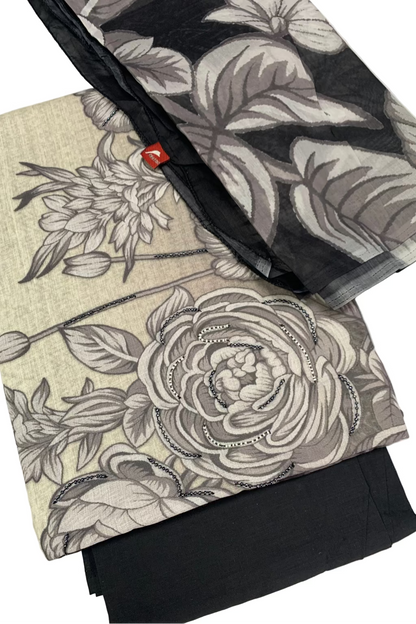 Floral-patterned fabric with black border on a white background