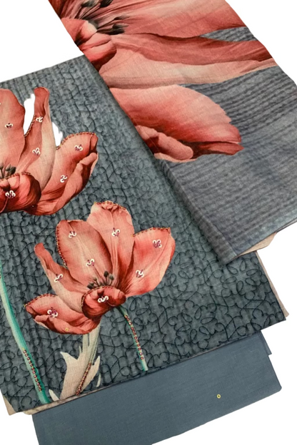 Floral fabric swatches with pink flowers on a textured gray background