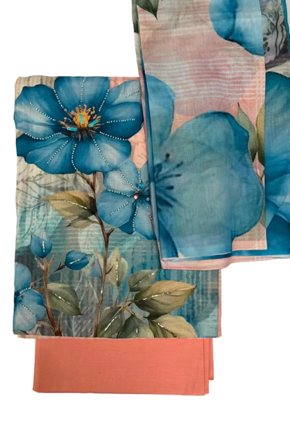 Floral-patterned placemats with blue flowers on a white surface